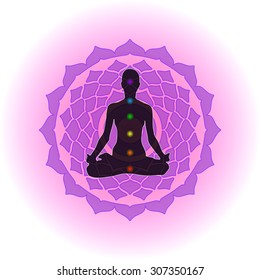 Round circle icon for yoga lotus sitting posture with the symbols of seven chakras. Vector EPS10.