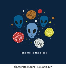 Round circle illustration with doodle aliens, planets, moon, stars, with lettering. Perfect for teenager geek fan of 90s t-shirt. Kids space design