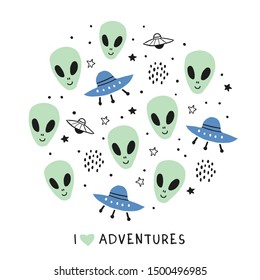 Round circle illustration with doodle ufos, alien spaceships, galaxies, stars and satellites with i love adventures lettering. Perfect for teenager geek 90s tshirt. Kids art - Vector