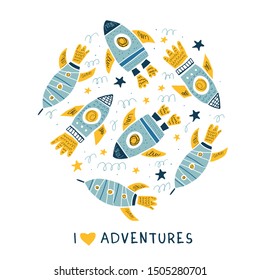 Round circle illustration with hand drawn doodle spaceships, planets, ufo and stars. Perfect for teenager geek fan of 90s tshirt. Kids space design. - Vector