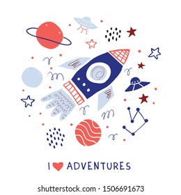 Round circle illustration with hand drawn doodle spaceship, planets, galaxies, ufo and stars. Perfect for teenager geek fan of 90s tshirt. Kids space design. - Vector