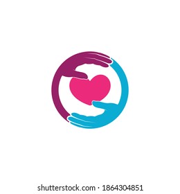 Round circle looking hands and heart in the middle. Vector symbol