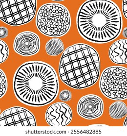 Round circle oval graphic seamless pattern, Black orange white endless Grunge checkered pattern, scratches and attrition texture repetitive geometric vector background.