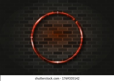 Marco rojo redondo con signo de neón brillante o tubo de vidrio. Ilustración vectorial realista. Muro de ladrillo negro, sombra suave.
