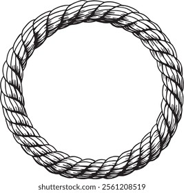 Round circle rope frame isolated background. Twisted cord. Decoration line black vector illustration. Thread whipcord.  Twisted, braided, folded, spiral fiber. Illustration hand drawn graphic