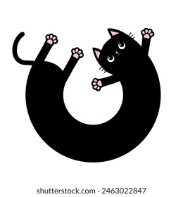 Forma redonda del círculo que pone el gato. Gatito largo. Caricatura bebé mascota personaje. Lindo kawaii escalofriante cara negra de cabeza de gatito, impresión pata rosa. Feliz Halloween. Diseño plano. Fondo blanco. Vector