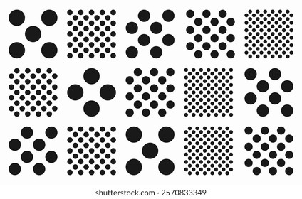 Round circle shapes in Memphis style, ideal for modern backgrounds and wallpapers. Set of black seamless polka dot patterns. Geometric vector design with minimalistic and artistic elements