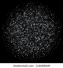 Round circle of silver dots or glitter confetti splash. Vector glittery sparkling firework splatter background template for greeting cards or fashion backdrop design