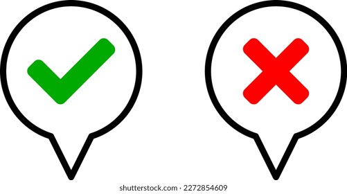 Round Circle Speech Bubble Cloud Message Symbol Element Icon Set with Green Checkmark Tick and Red X Cross Sign for Yes and No Opinion or Answer. Vector Image.