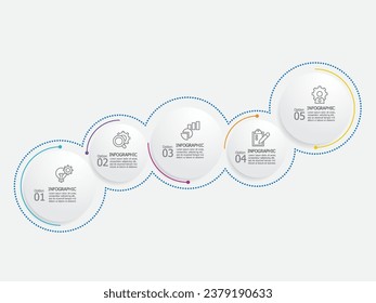 redondear los pasos de la línea de tiempo elemento infográfico informe de fondo con icono de línea de negocio 5 pasos para cualquier presentación relacionada con el negocio o ilustración vectorial de publicación
