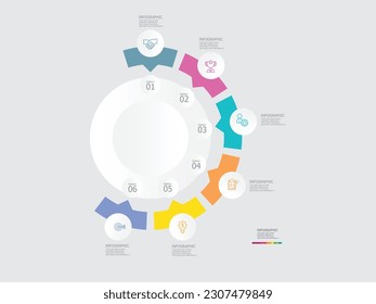 círculo redondeado línea de tiempo elemento infográfico informe de fondo con icono de línea de negocio 6 pasos para cualquier presentación relacionada con el negocio o ilustración vectorial de publicación
