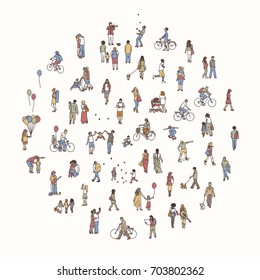 Round circle with tiny people: pedestrians in the street, a diverse collection of small hand drawn men and women walking through the city