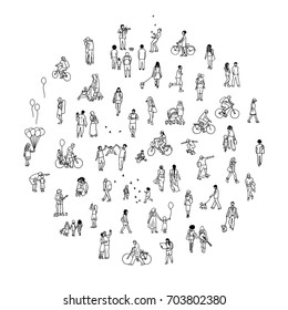 Round circle with tiny people: pedestrians in the street, a diverse collection of small hand drawn men and women walking through the city