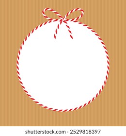 Round, circle white frame, text box on craft background, gift tied up with cotton red rope bakers twine bow and ribbons. Packing string for decoration, present for Christmas, New Year. Vector EPS10