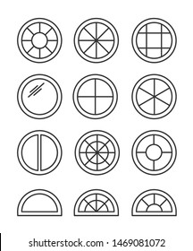 Round & circle window. Casement & awning window frames. Line icon set. Vector illustration. Isolated objects on white background