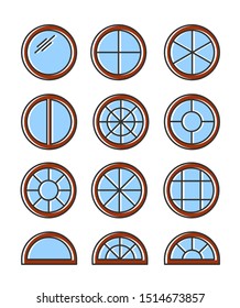 Round & circle wooden window. Casement & awning window frames. Flat line icon set. Vector illustration. Isolated objects on white background