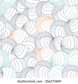 Round circles and curvy lines. Spherical geometric seamless pattern. Turquoise, dark blue and orange on white background.