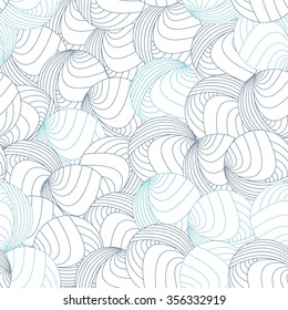 Round circles and lines. Spherical geometric seamless pattern. Shades of blue on white background.