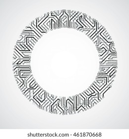 Round circuit board with electronic components of technology device. Computer motherboard cybernetic vector abstraction.