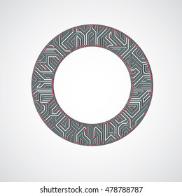 Round circuit board with electronic components of technology device. Computer motherboard cybernetic vector abstraction.
