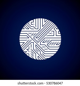 Tarjeta de circuito redondo con componentes electrónicos del dispositivo de tecnología. Abstracción del vector blanco cibernetico de la placa base de la computadora.