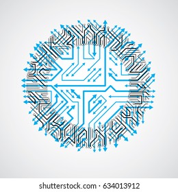 Round circuit board with electronic components of technology device. Computer motherboard cybernetic blue vector abstraction with multidirectional arrows.