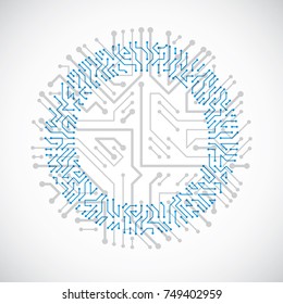 Round circuit board with electronic components of technology device. Computer motherboard cybernetic colorful vector abstraction.