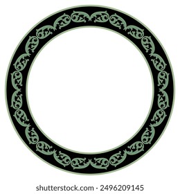 Round circular border or frame with abstract vintage medieval or baroque motifs. Green floral silhouettes in a ring circle.