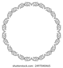 Round circular border or frame with abstract vintage medieval or baroque motifs. Black and white linear silhouette.