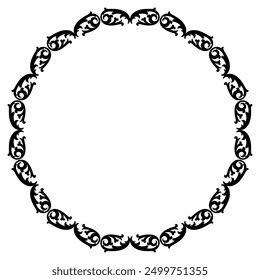 Round circular border or frame with abstract vintage medieval or baroque motifs. Black floral silhouettes on white background.