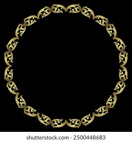 Round circular border or frame with abstract vintage medieval or baroque motifs. Golden glossy silhouette on black background.