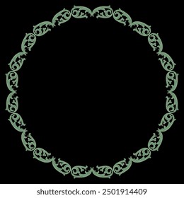 Round circular border or frame with abstract vintage medieval or baroque motifs. Green floral silhouettes on black background.