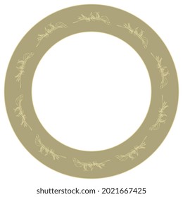 Round circular border or frame with bird feathers. Monochrome animal design with silhouetted quills. Yellow ring with sketches of plumes.