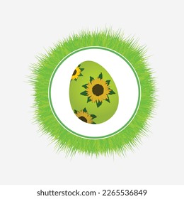 Round Circular Easter Wreath Made Of Green Grass With Easter Egg Decorated With Sunflowers Over White Background