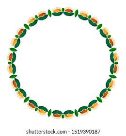 a round or circular frame of colorful leaves and flowers with an isolated white background.