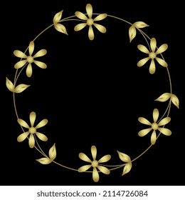 Round circular frame with floral ornament. Wreath of stylized flowers in a ring. Folk style. Golden glossy silhouette on black background.