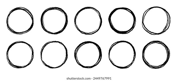 Round circular logo hand drawn brush stroke icon frame element. Round logo frame hand drawn texture brush stroke. Circle doodle ink black shape. Rough grunge circular. Vector illustration.