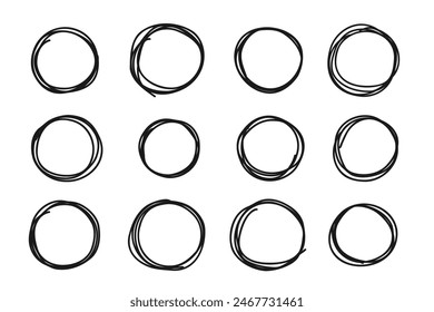 Round circular logo hand drawn brush stroke icon frame element. Round logo frame hand drawn texture brush stroke. Vector grunge round shapes. Circle doodle ink black shape. 