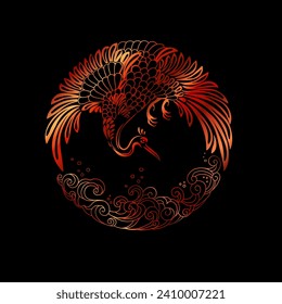 round, circular pattern - isolated crane taking off above the waves. Image in ancient Southeast Asian style, plate design