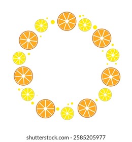 Round citrus frame on a white background. Slices of orange and lemon. Flyer, banner, space for text