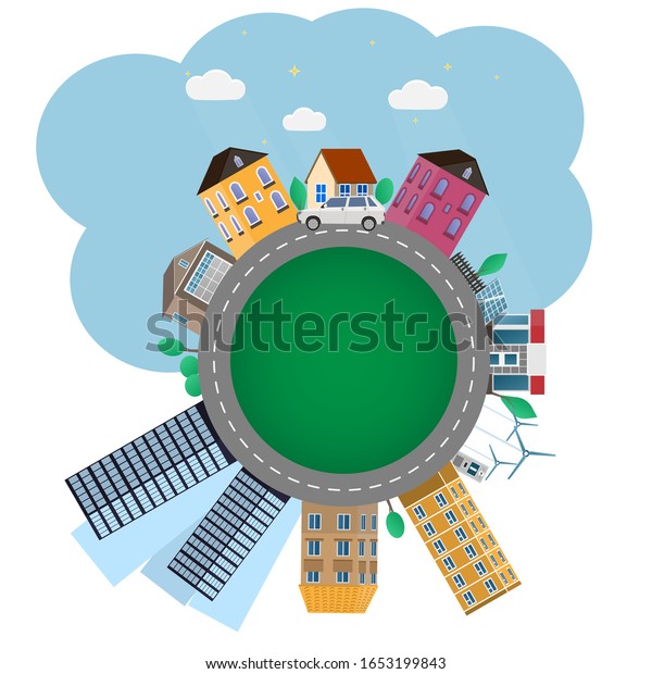 Round the city. Houses, skyscrapers, cars on\
the street. Vector\
illustration