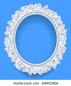 Round classic frame with white roses wreath on blue. Vector illustration