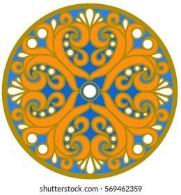 Round classic pattern with swirls and curves. Isolate color image on a white background. For use in printing, postcards, design and packaging.