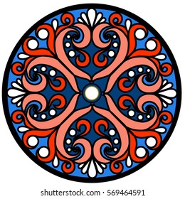 Round classic pattern with swirls and curves. Isolate color image on a white background. For use in printing, postcards, design and packaging.
