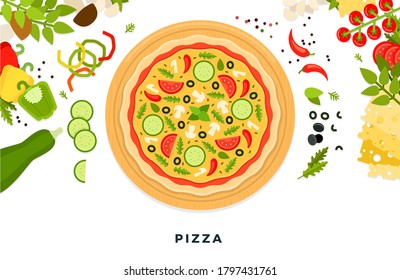 Round classic pizza with arugula, tomatoes, cucumbers, mushrooms and olives. Vector flat illustration.