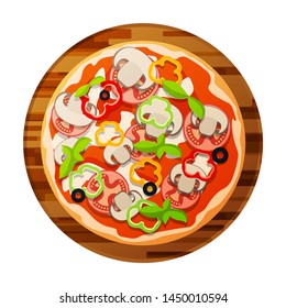 Round Classic Pizza With Mushrooms, Olives, basil leaves, Tomato Slices. vector cartoon flat material design isolated on white. On a wooden board. Appetizing and Beautiful.