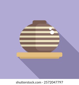 Round clay vase standing on wooden shelf icon, flat style, purple background, long shadow