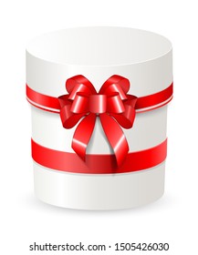 Round Clean white gift box with a lush bow. Rounded container with satin bright red ribbons isolated on white background. Vector illustration.