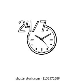 Round the clock 24-7 service hand drawn outline doodle icon. Customer service, assistance, available concept. Vector sketch illustration for print, web, mobile and infographics on white background.