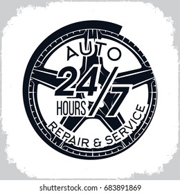 Round the clock auto repair and service logo design , monochrome style, vector